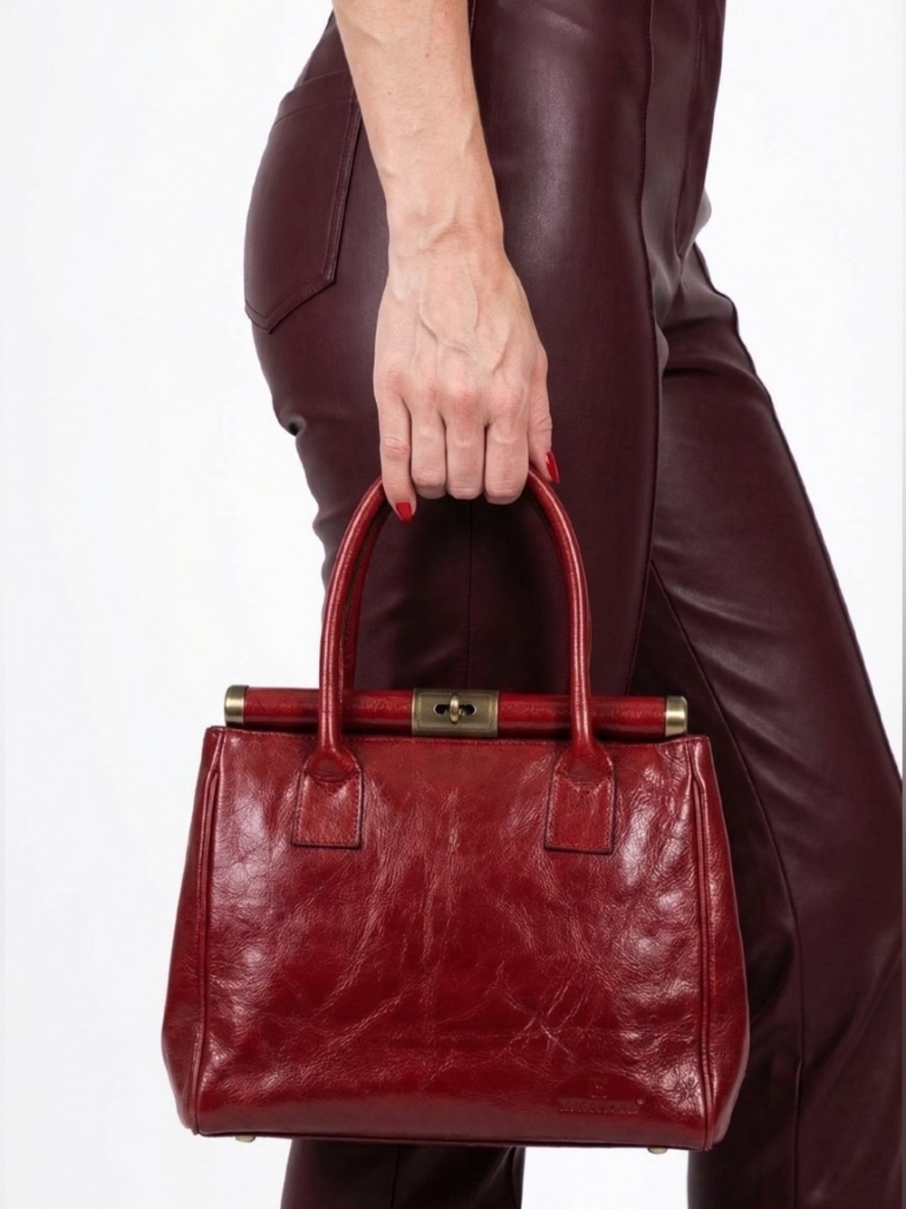 HEXAGONA RED LEATHER TOTE BAG TOP HANDLE SATCHEL WOMAN